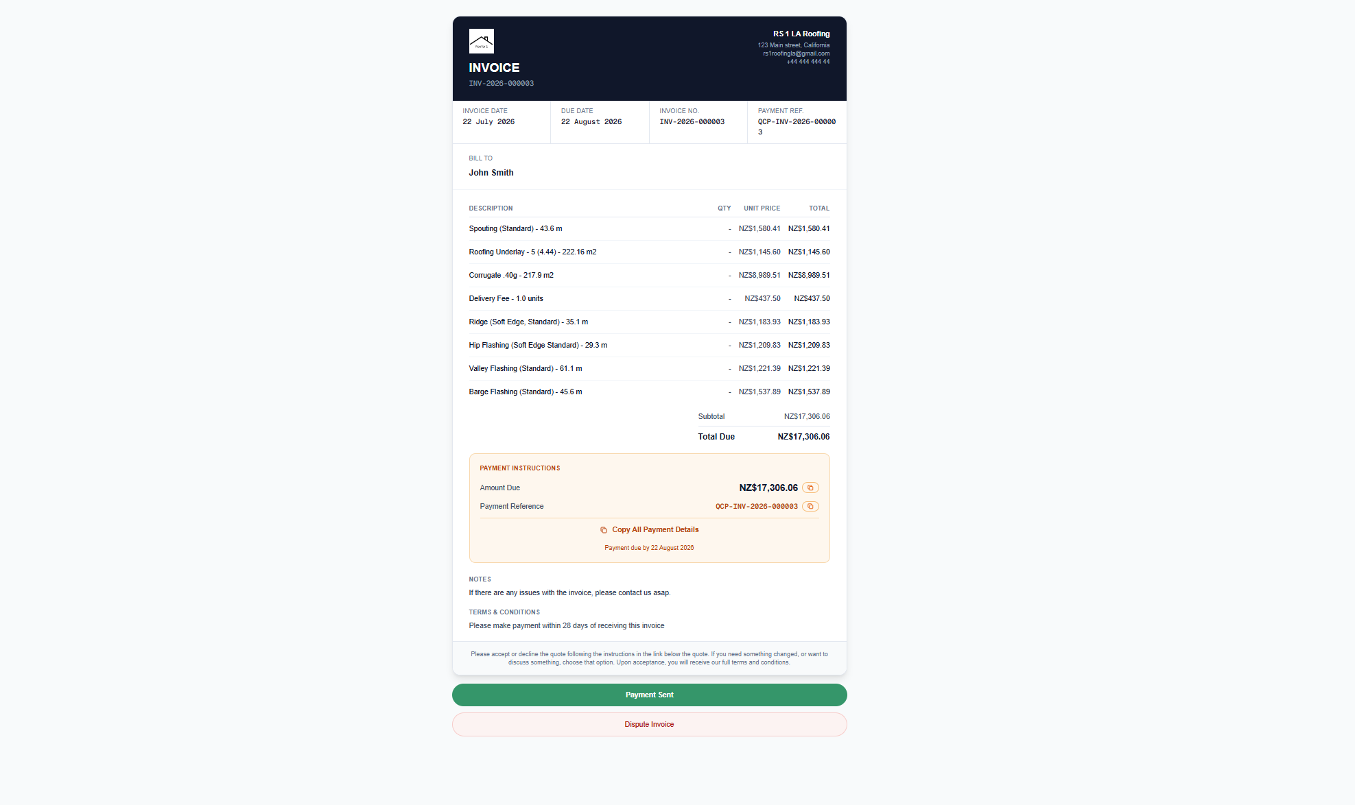 QuoteCore+ professional invoice showing line items with roofing materials, totals, payment instructions, and customer action buttons