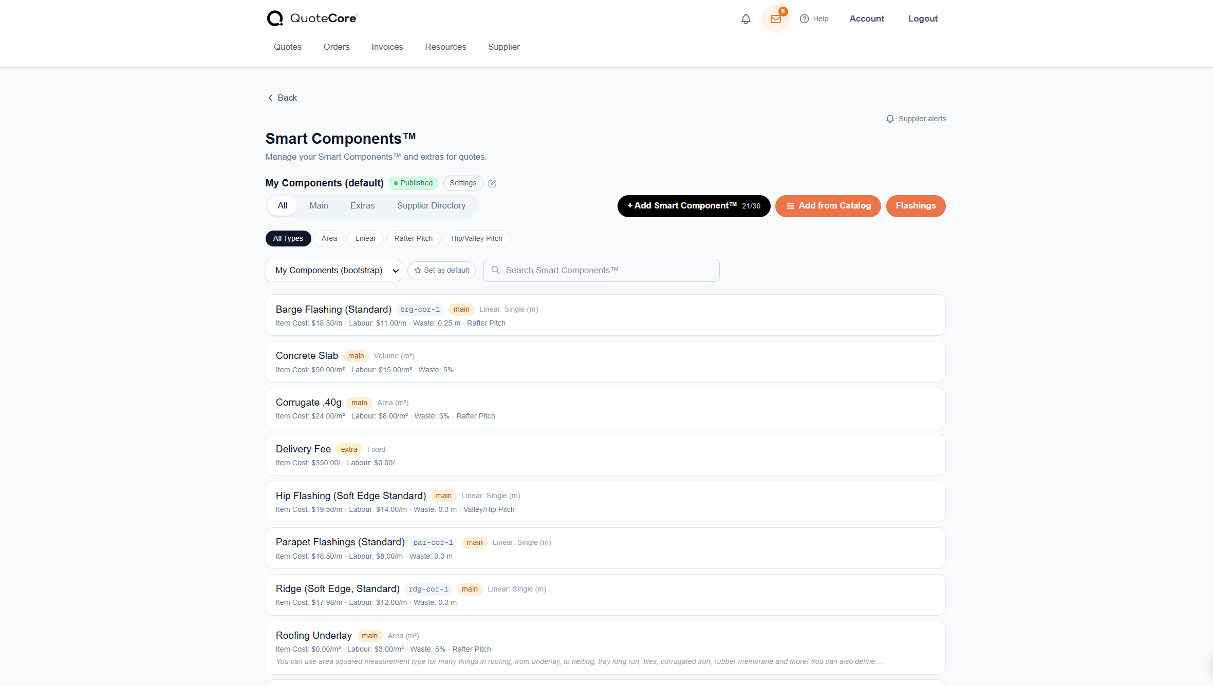 QuoteCore+ Smart Components management page showing component library with pricing, labour rates, waste allowances, and measurement types