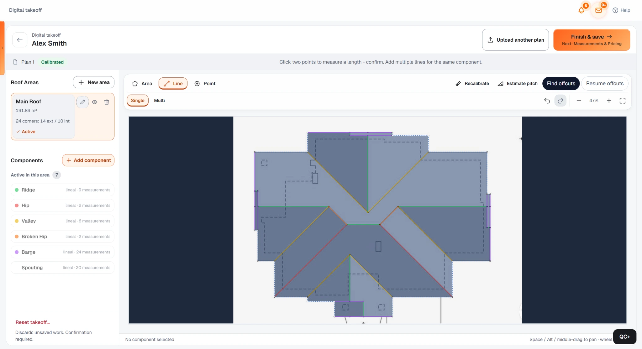 Current Roof Scan Assist result in the QuoteCore+ Digital Takeoff workspace