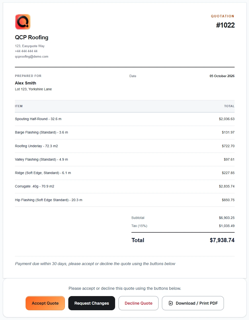 Customer-facing QuoteCore+ quote document with options to accept, request changes, decline or download a PDF.