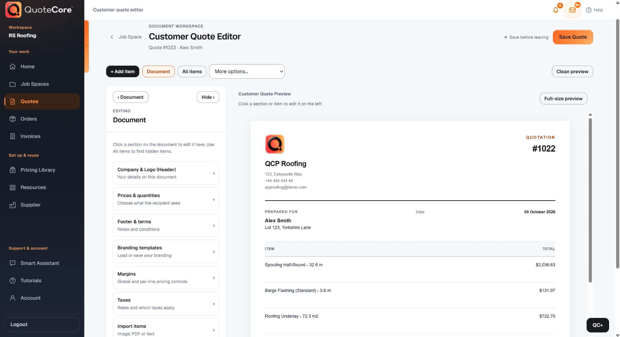 Current QuoteCore+ customer quote editor