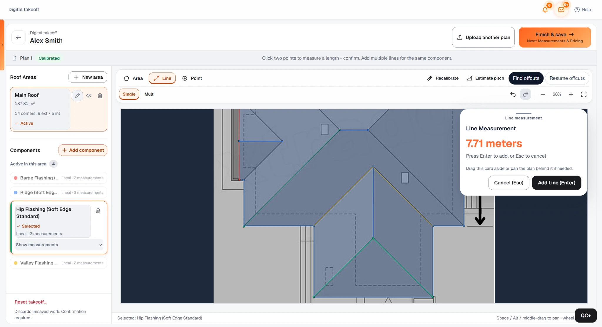 QuoteCore+ Digital Takeoff workspace with a roof plan open and a manual line measurement in progress.