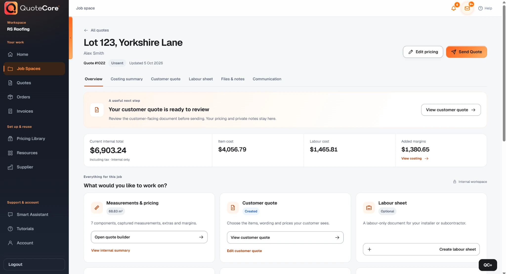 Current QuoteCore+ Job Space overview with the connected job workflow