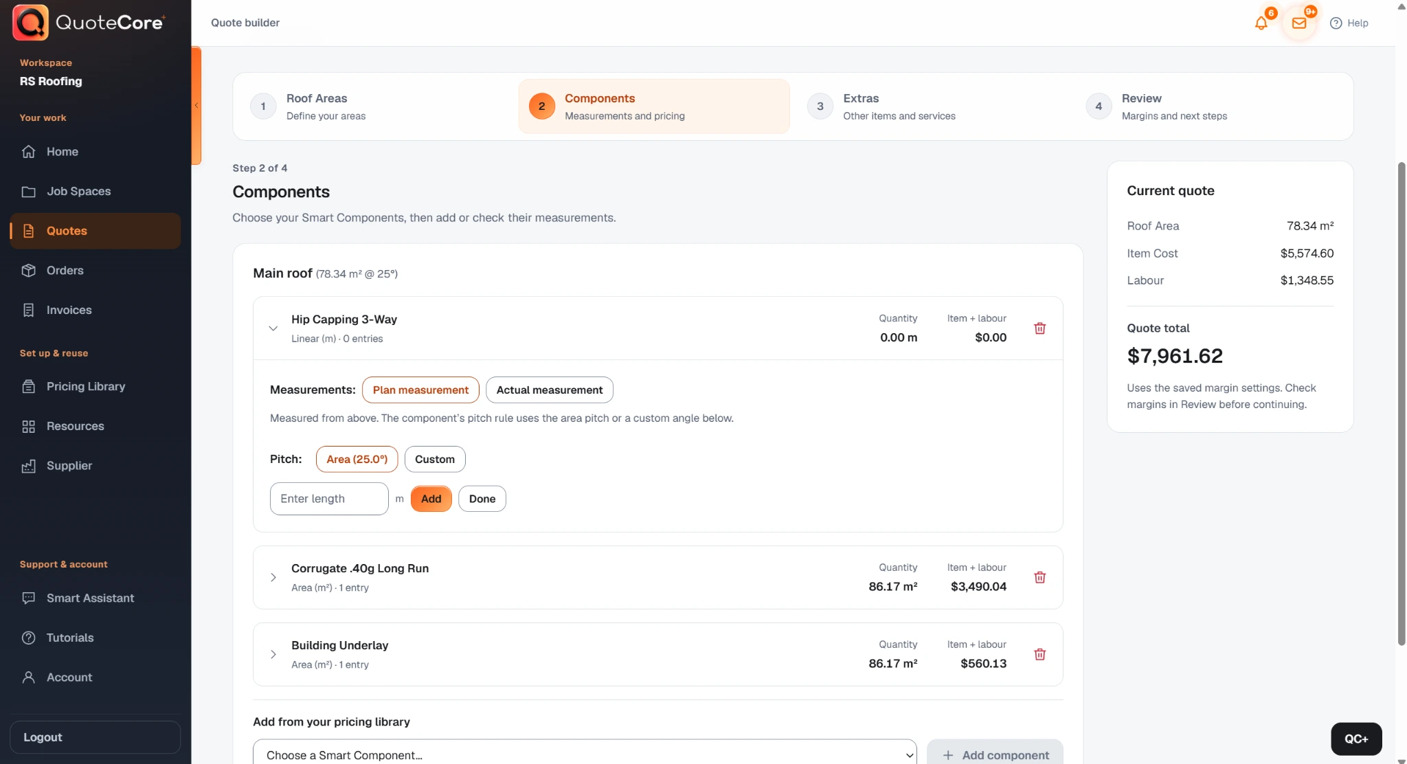 QuoteCore+ Quote Builder showing Smart Components with entered measurements and pricing.