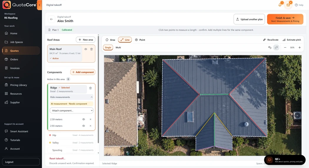 QuoteCore+ digital takeoff workspace with a measured roof and navigation for quotes, orders and invoices