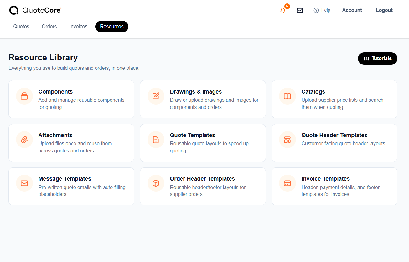 QuoteCore resource library screen